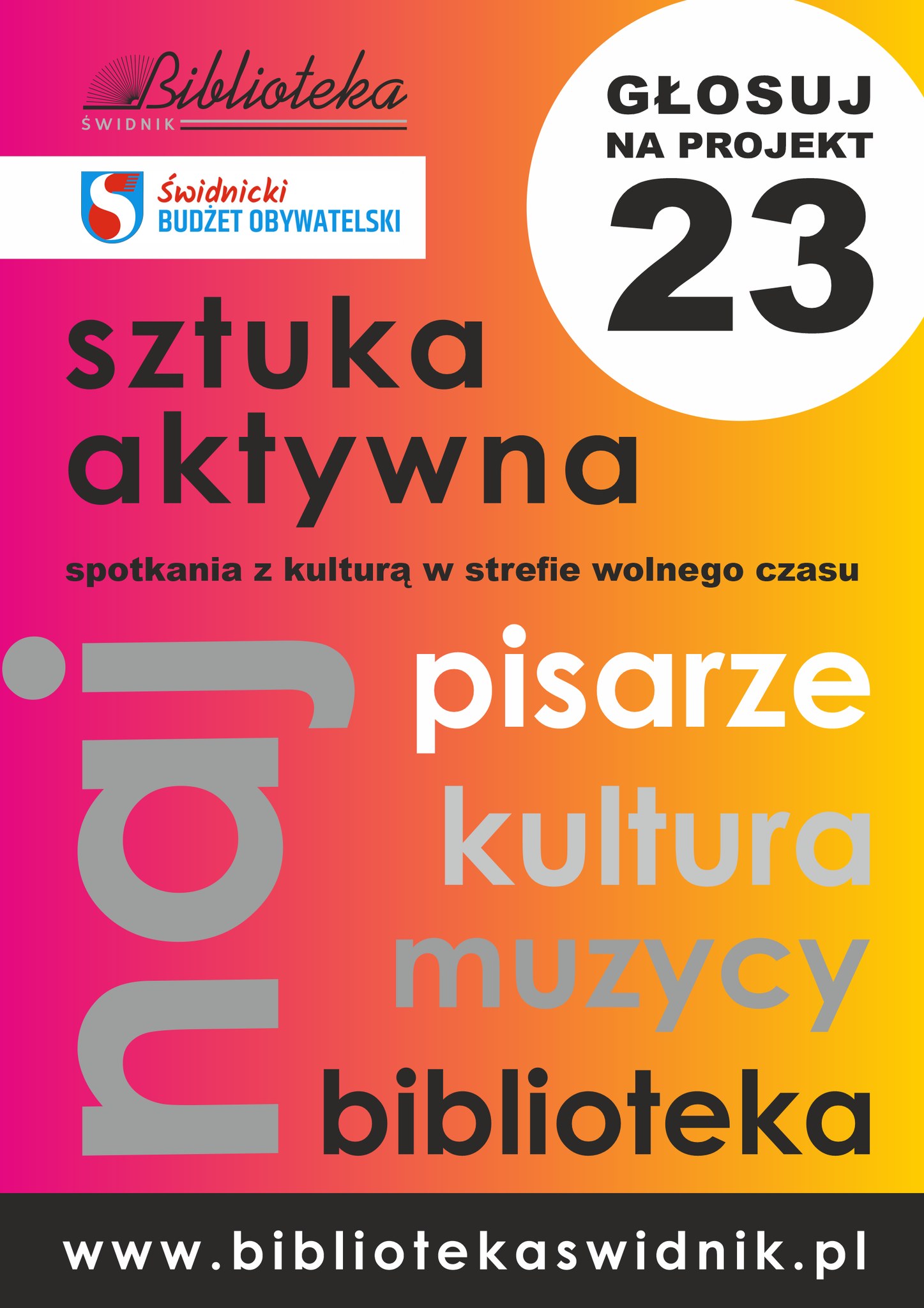 plakat z logiem biblioteki i Świdnickiego Budżetu Obywatelskiego z napisem Sztuka aktywna-głosuj na projekt nr 23