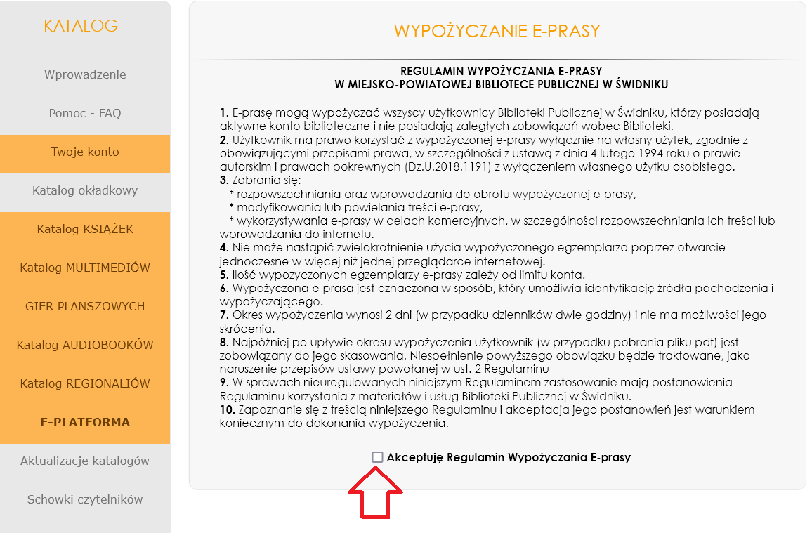 akceptacja regulaminu wypożyczania e-prasy